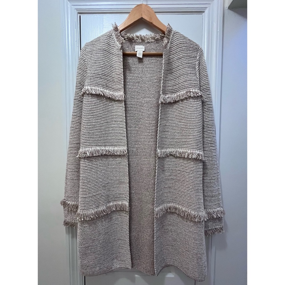 Chico’s Neutral Pink Knit Long Sleeve Duster Sweater w/Fringe, Women’s Sz Small